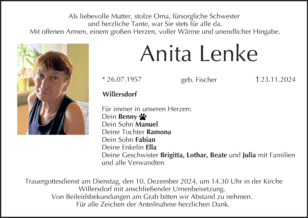  Traueranzeige für Anita Lenke vom 07.12.2024 aus MGO