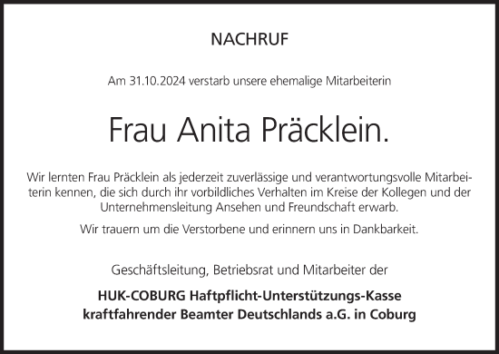 Anzeige von Anita Präcklein von MGO