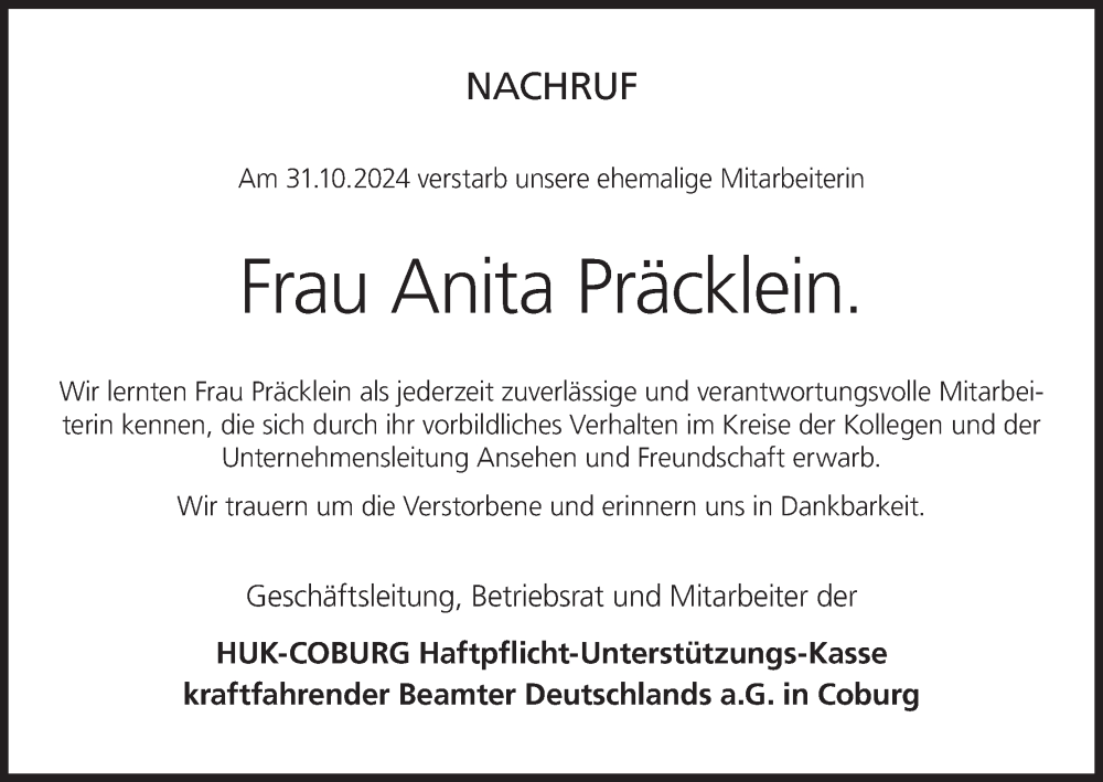  Traueranzeige für Anita Präcklein vom 24.12.2024 aus MGO