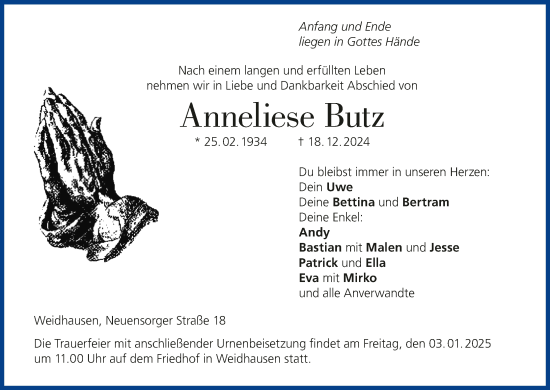 Anzeige von Anneliese Butz von MGO