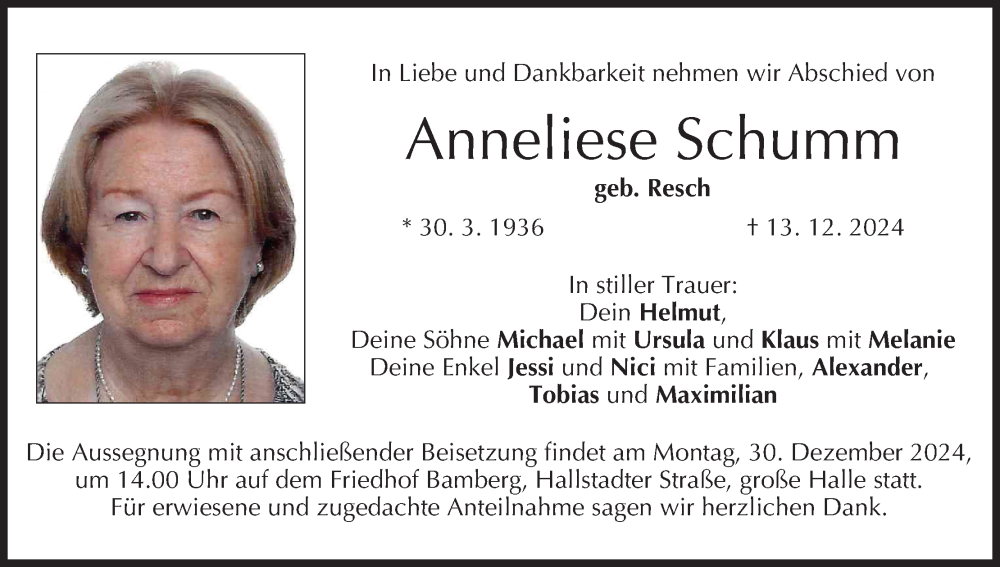  Traueranzeige für Anneliese Schumm vom 28.12.2024 aus MGO