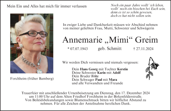Anzeige von Annemarie Greim von MGO