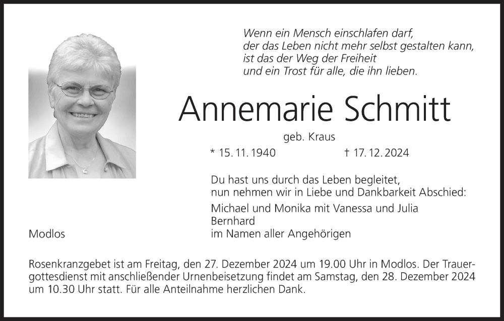  Traueranzeige für Annemarie Schmitt vom 21.12.2024 aus MGO