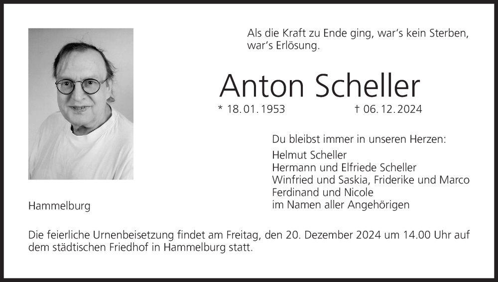  Traueranzeige für Anton Scheller vom 14.12.2024 aus MGO