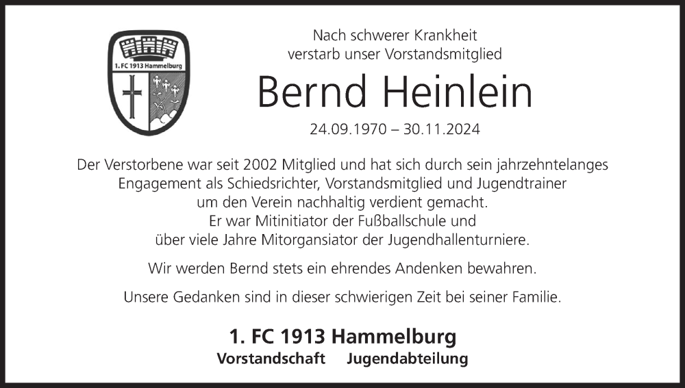  Traueranzeige für Bernd Heinlein vom 10.12.2024 aus MGO