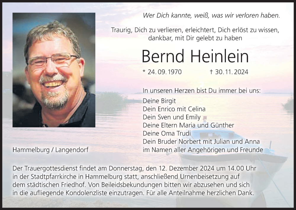  Traueranzeige für Bernd Heinlein vom 07.12.2024 aus MGO