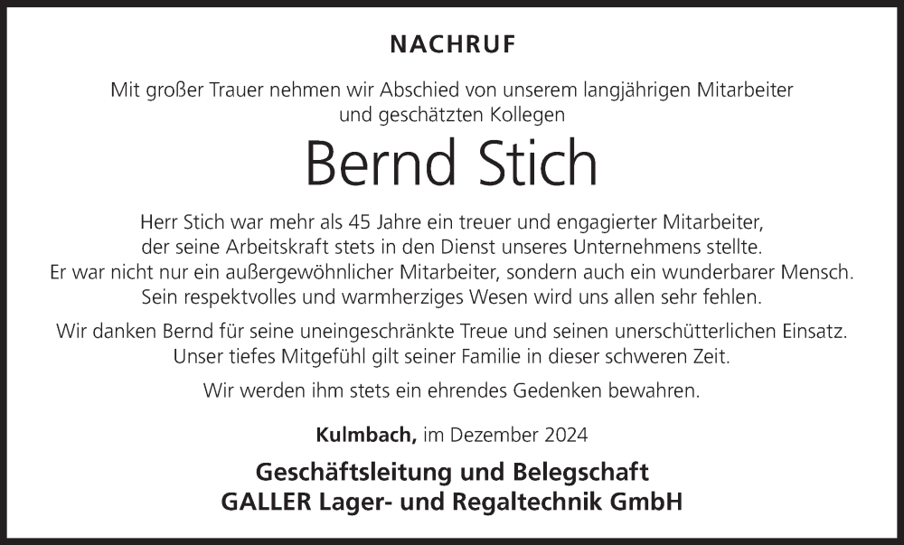  Traueranzeige für Bernd Stich vom 10.12.2024 aus MGO