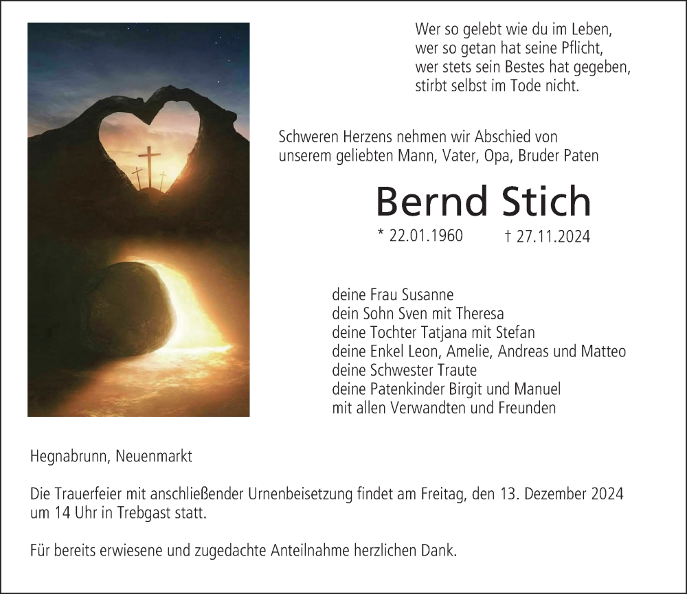  Traueranzeige für Bernd Stich vom 10.12.2024 aus MGO