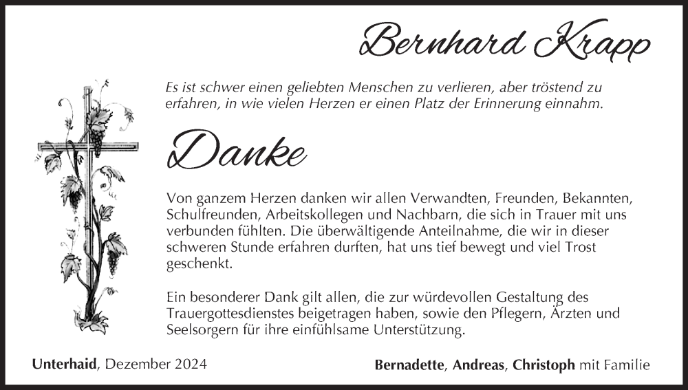  Traueranzeige für Bernhard Krapp vom 28.12.2024 aus MGO