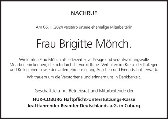 Anzeige von Brigitte Mönch von MGO