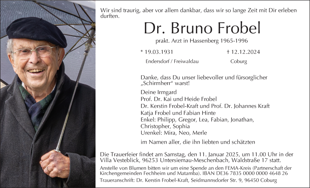  Traueranzeige für Bruno Frobel vom 21.12.2024 aus MGO