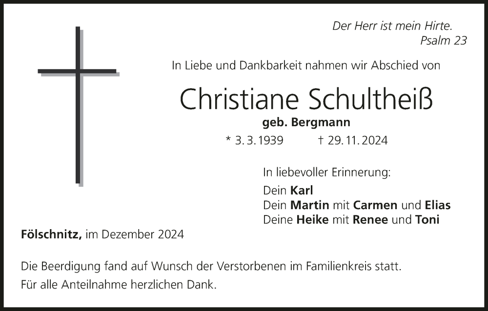 Traueranzeige für Christiane Schultheiß vom 07.12.2024 aus MGO