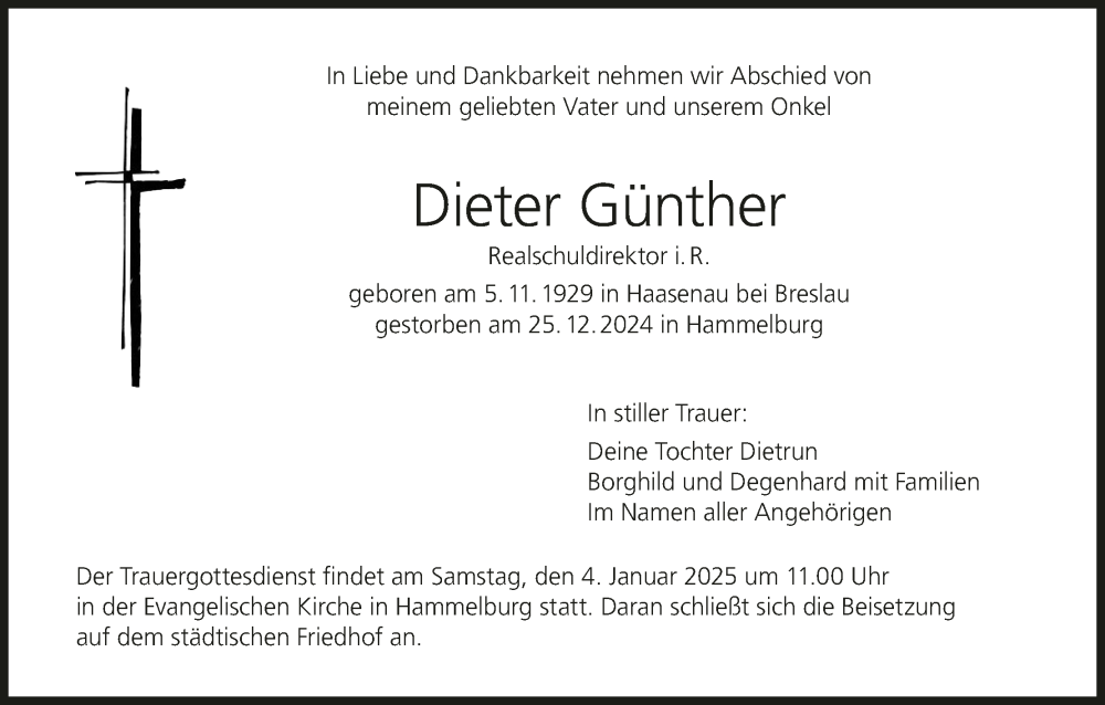  Traueranzeige für Dieter Günther vom 28.12.2024 aus MGO