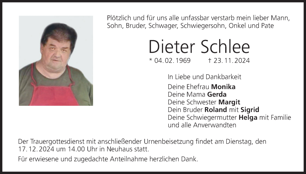  Traueranzeige für Dieter Schlee vom 13.12.2024 aus MGO