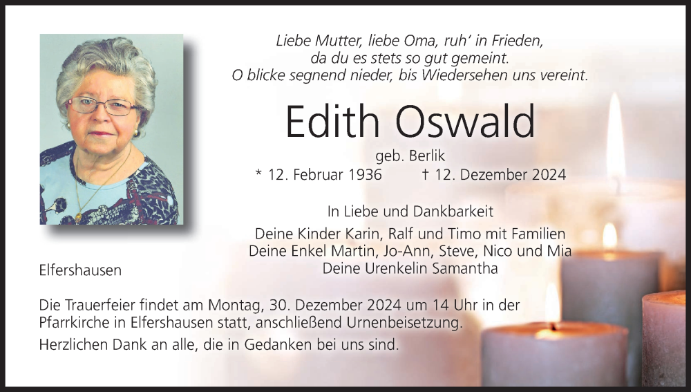  Traueranzeige für Edith Oswald vom 21.12.2024 aus MGO