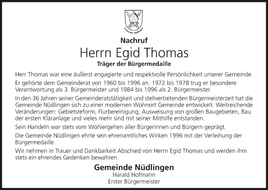 Anzeige von Egid Thomas von MGO