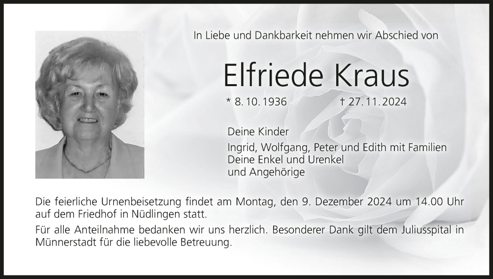  Traueranzeige für Elfriede Kraus vom 07.12.2024 aus MGO