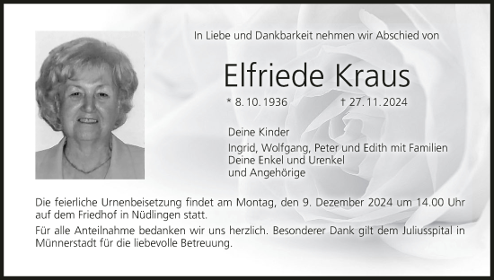 Anzeige von Elfriede Kraus von MGO