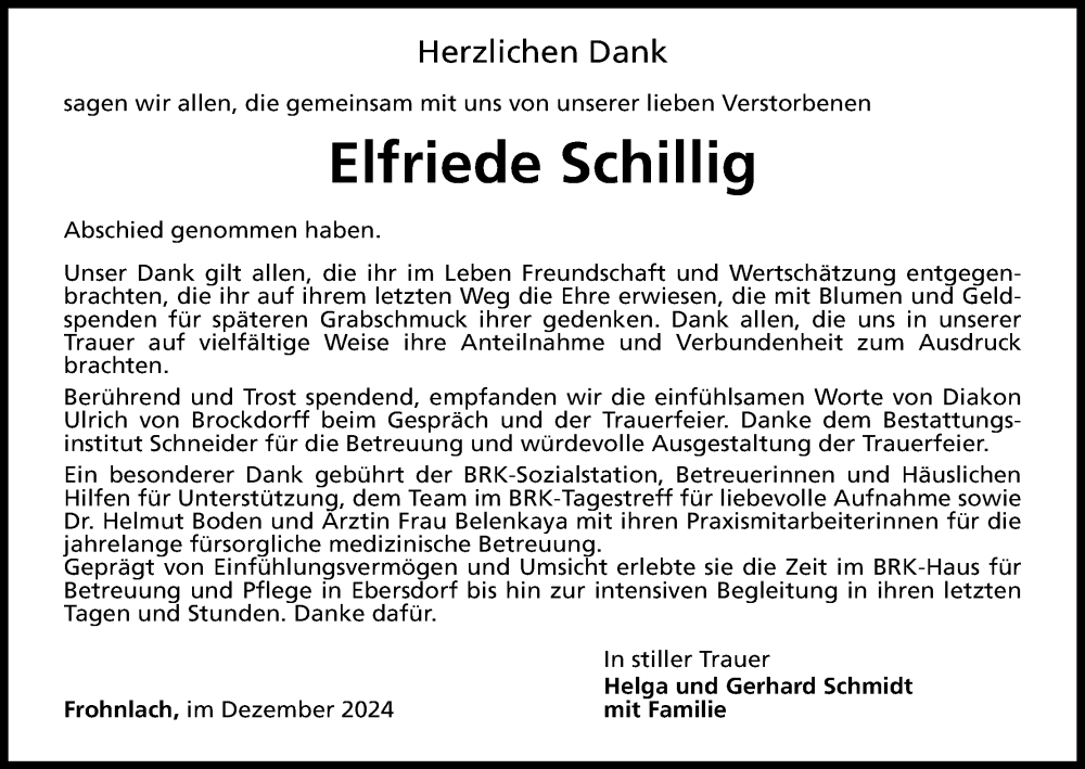  Traueranzeige für Elfriede Schillig vom 07.12.2024 aus MGO