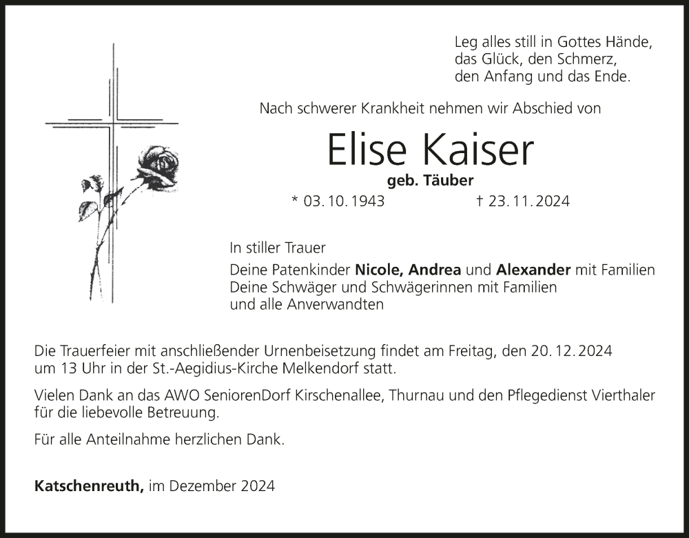  Traueranzeige für Elise Kaiser vom 18.12.2024 aus MGO