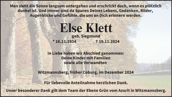Anzeige von Else Klett von MGO