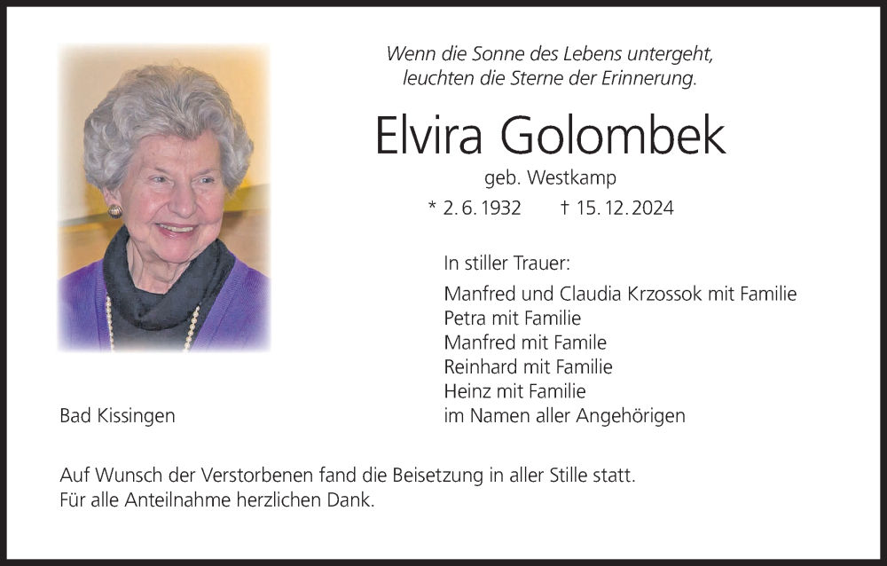  Traueranzeige für Elvira Golombek vom 28.12.2024 aus MGO