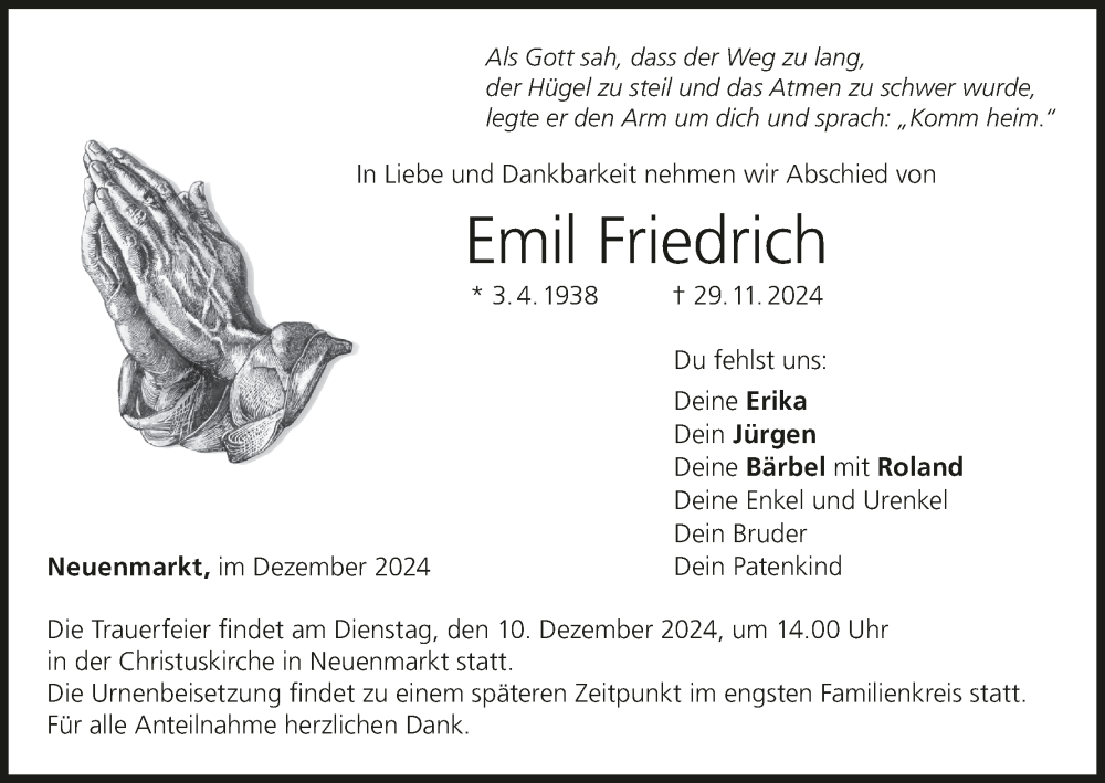  Traueranzeige für Emil Friedrich vom 07.12.2024 aus MGO