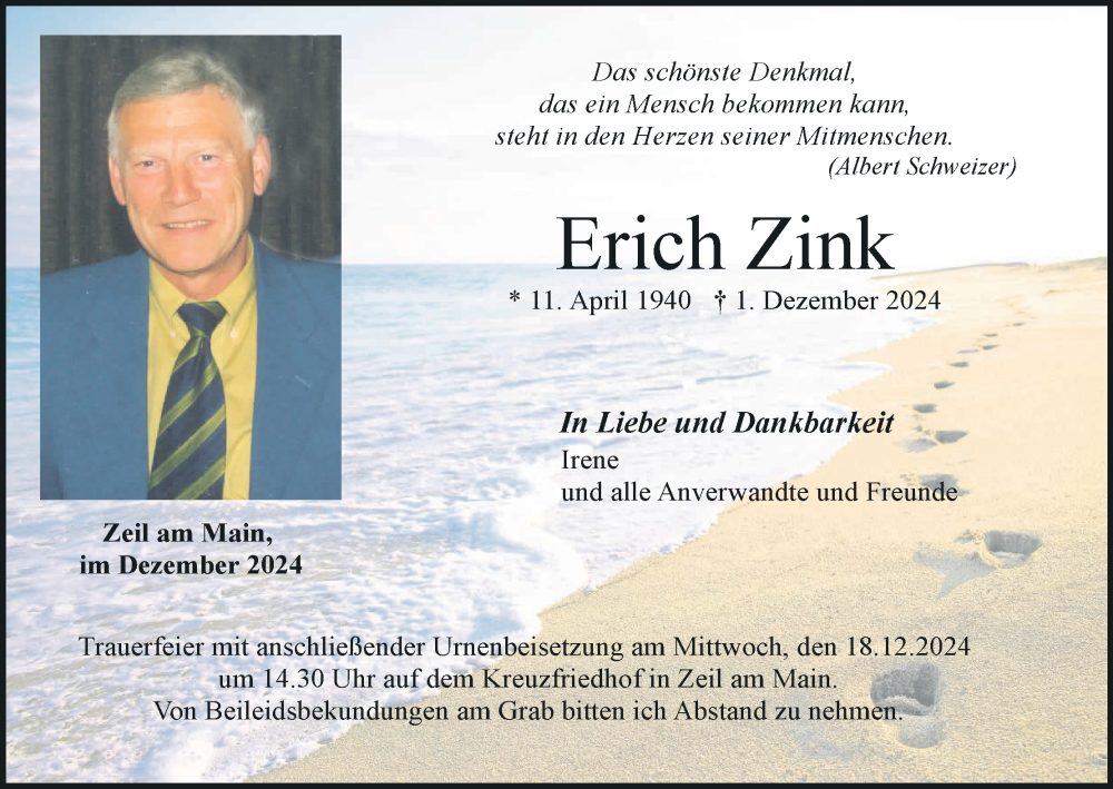  Traueranzeige für Erich Zink vom 11.12.2024 aus MGO