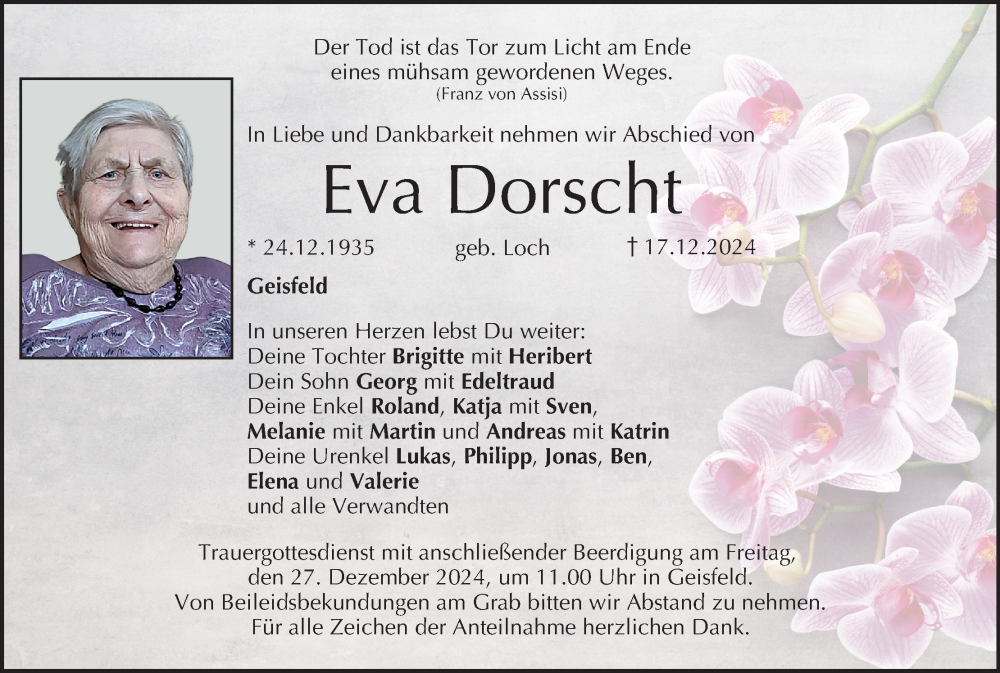  Traueranzeige für Eva Dorscht vom 21.12.2024 aus MGO