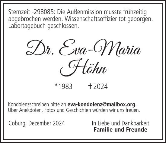 Anzeige von Eva-Maria Höhn von MGO