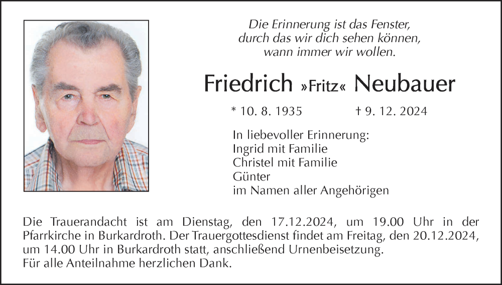  Traueranzeige für Friedrich Neubauer vom 14.12.2024 aus MGO