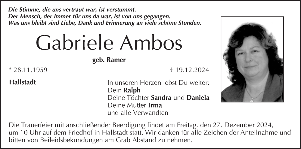  Traueranzeige für Gabriele Ambos vom 21.12.2024 aus MGO