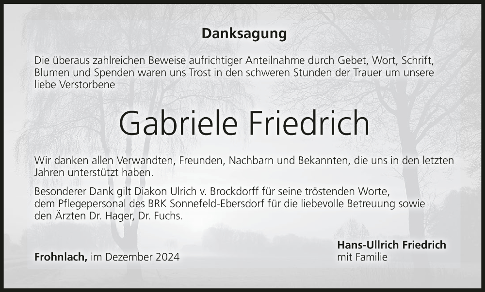  Traueranzeige für Gabriele Friedrich vom 14.12.2024 aus MGO