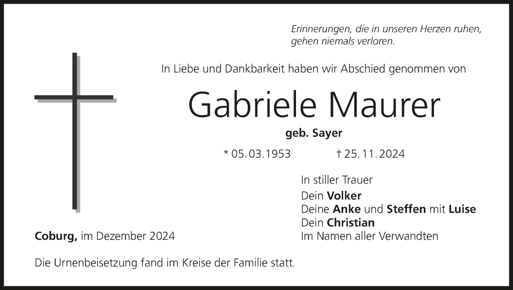  Traueranzeige für Gabriele Maurer vom 07.12.2024 aus MGO