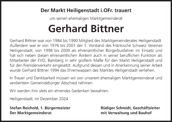 Anzeige von Gerhard Bittner von MGO