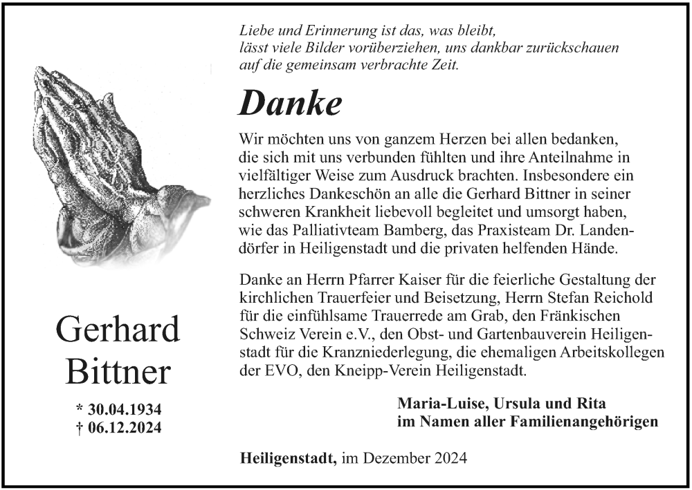  Traueranzeige für Gerhard Bittner vom 21.12.2024 aus MGO
