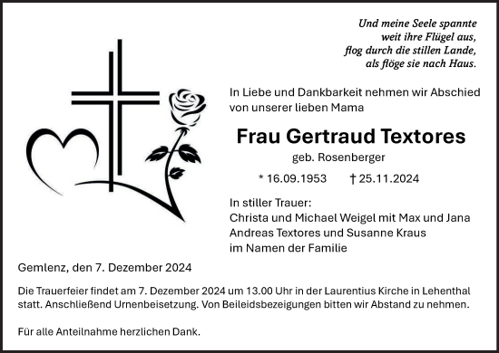 Anzeige von Gertraud Textores von MGO