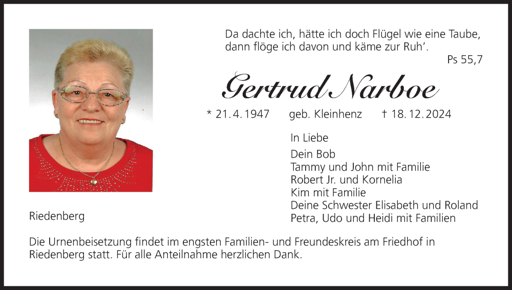  Traueranzeige für Gertrud Narboe vom 28.12.2024 aus MGO