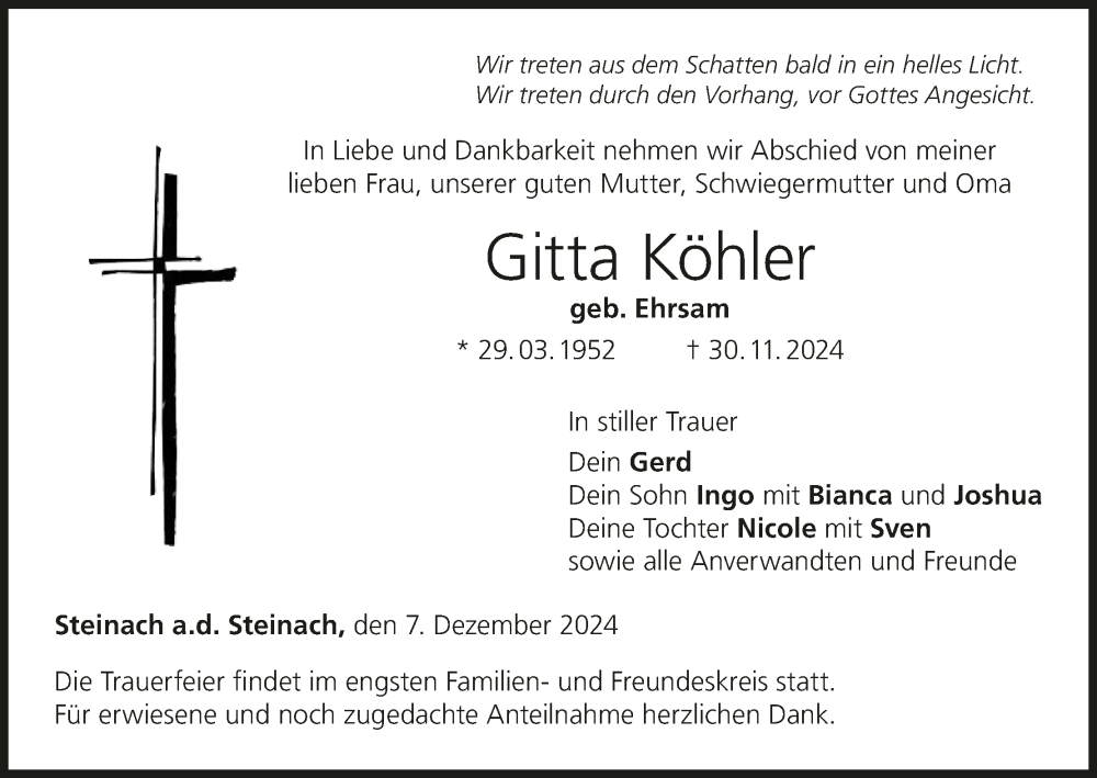  Traueranzeige für Gitta Köhler vom 07.12.2024 aus MGO