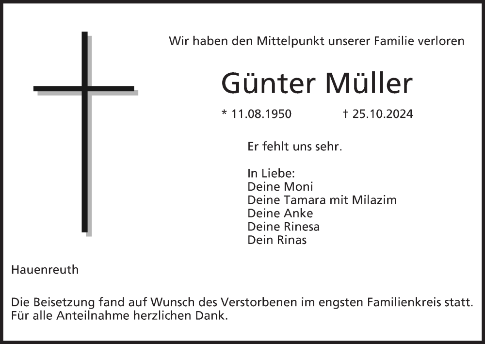  Traueranzeige für Günter Müller vom 07.12.2024 aus MGO