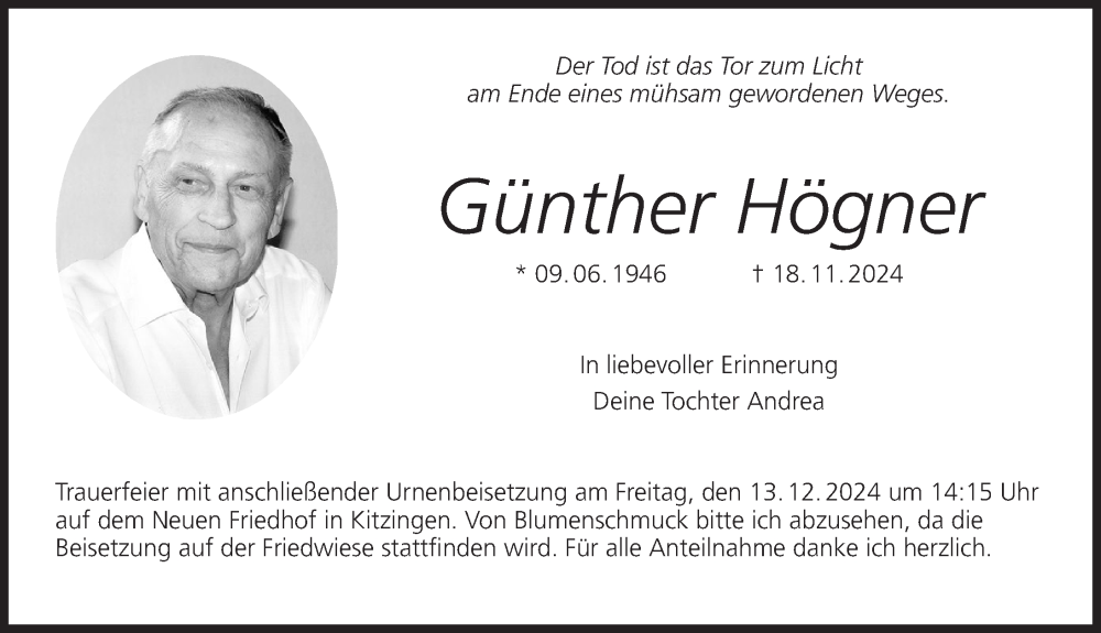  Traueranzeige für Günther Högner vom 09.12.2024 aus MGO