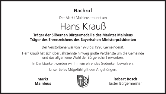 Anzeige von Hans Krauß von MGO