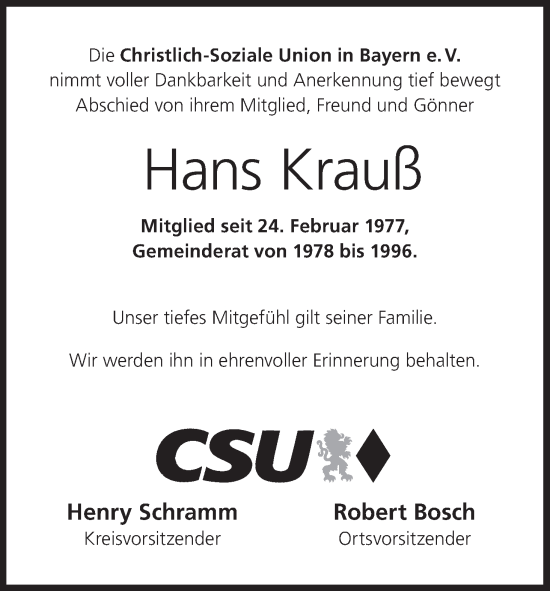 Anzeige von Hans Krauß von MGO