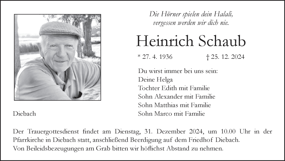  Traueranzeige für Heinrich Schaub vom 28.12.2024 aus MGO