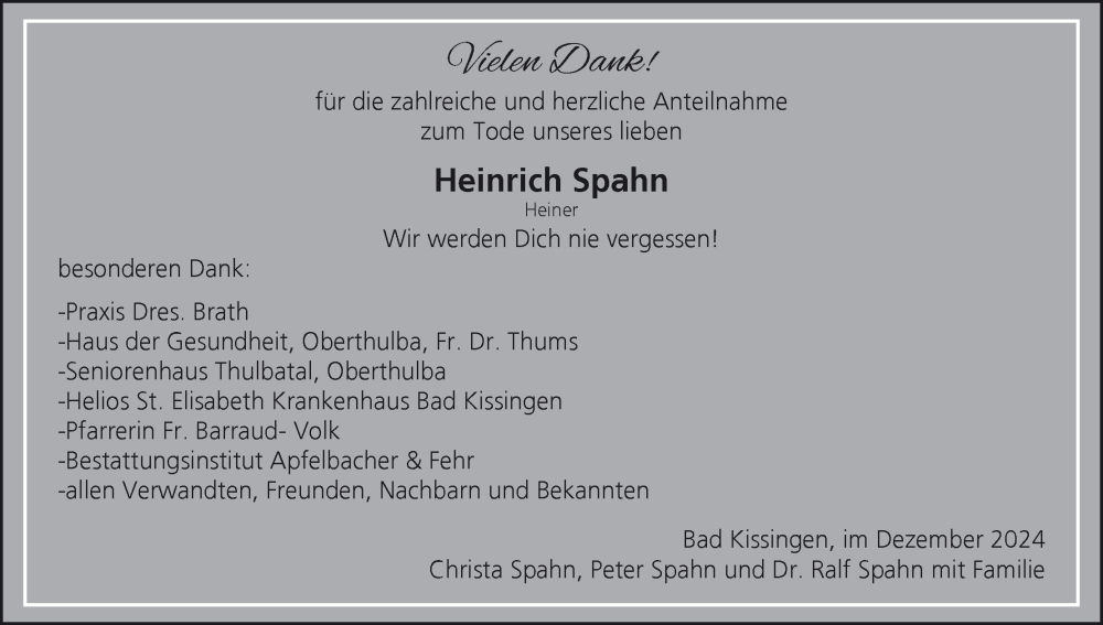  Traueranzeige für Heinrich Spahn vom 07.12.2024 aus MGO