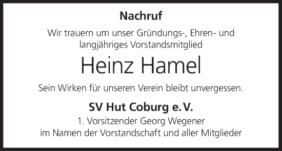 Anzeige von Heinz Hamel von MGO