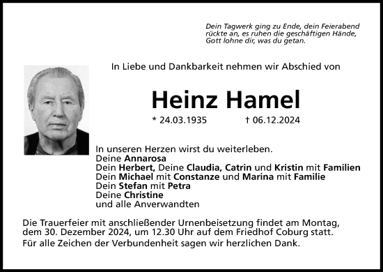 Anzeige von Heinz Hamel von MGO