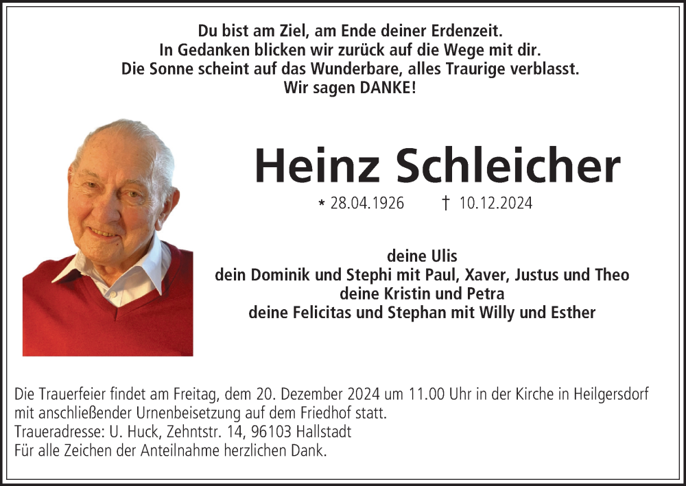  Traueranzeige für Heinz Schleicher vom 14.12.2024 aus MGO