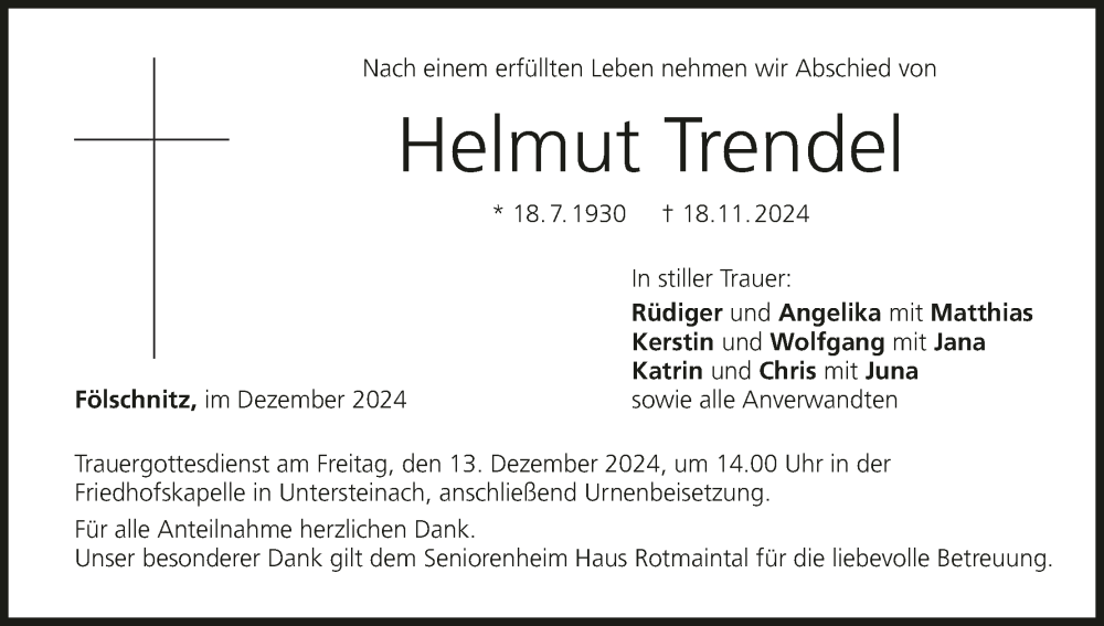  Traueranzeige für Helmut Trendel vom 07.12.2024 aus MGO