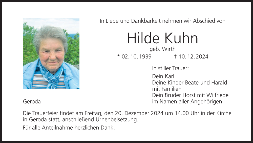  Traueranzeige für Hilde Kuhn vom 14.12.2024 aus MGO